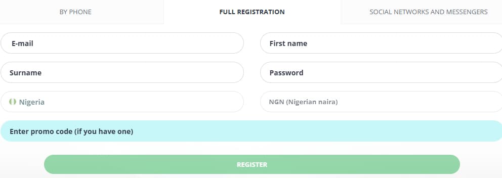 Full registration form in 22bet