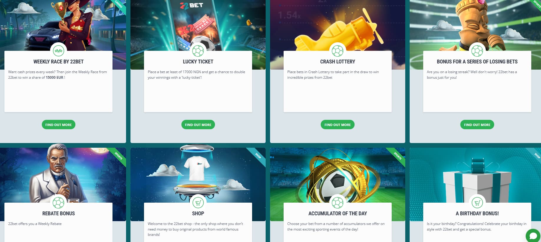 22 bet Nigeria bonuses