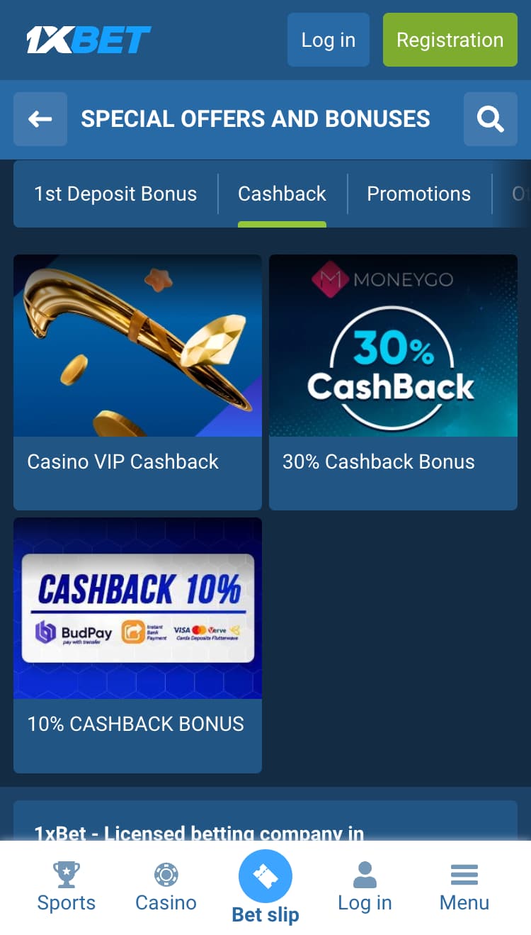 Cashback bonus on 1xbet