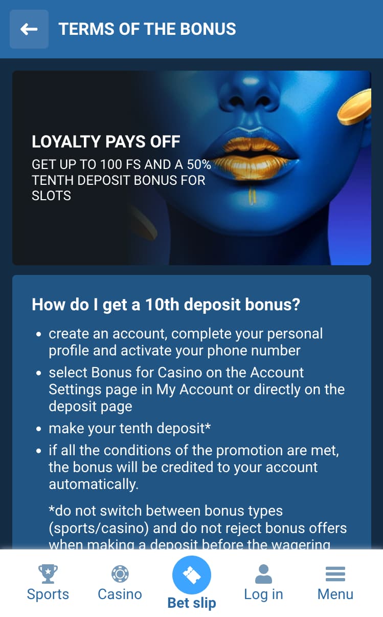 Tenth deposit bonus on 1xbet