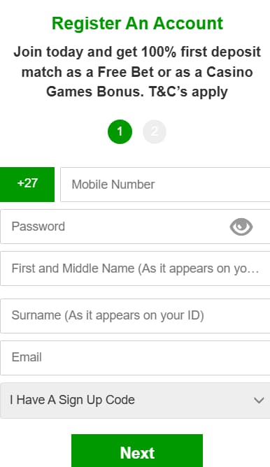 Registration process in Betway