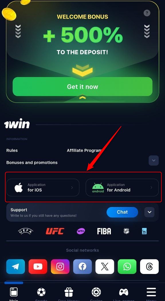 Interface du casino 1win