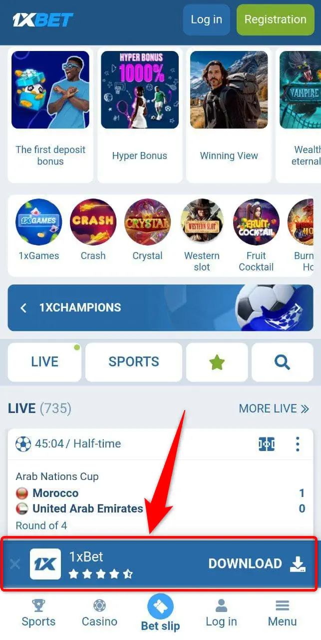 Interfaz de la App 1xbet mostrando apuestas deportivas