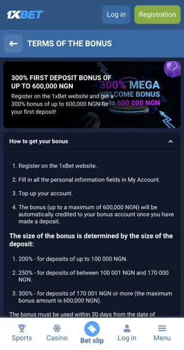 Interfaz de 1xbet mostrando opciones de bonus