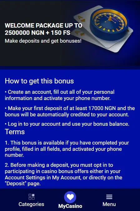 Welcome bonus for casino games