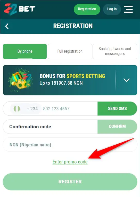 Interfejs logowania 22Bet