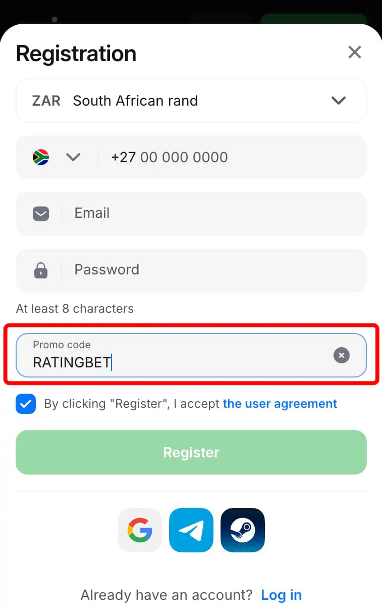 Registration with promo code 1win