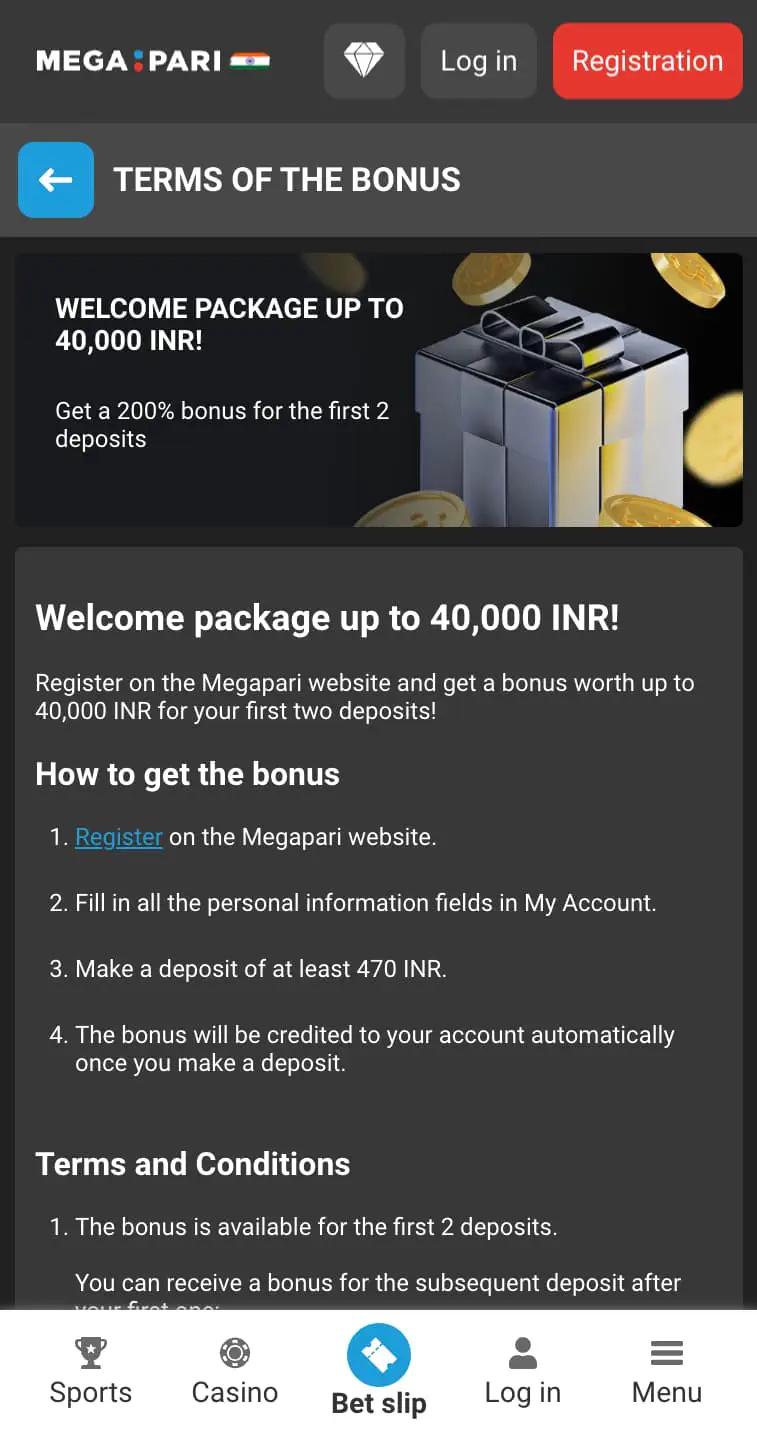 Megapari Welcome Bonus for India