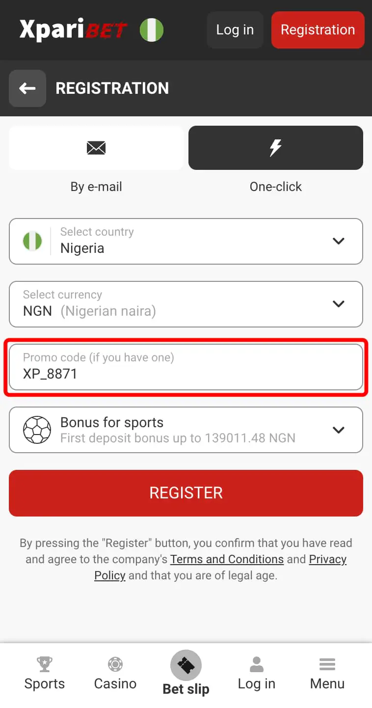 Registration with a promo code on Xparibet