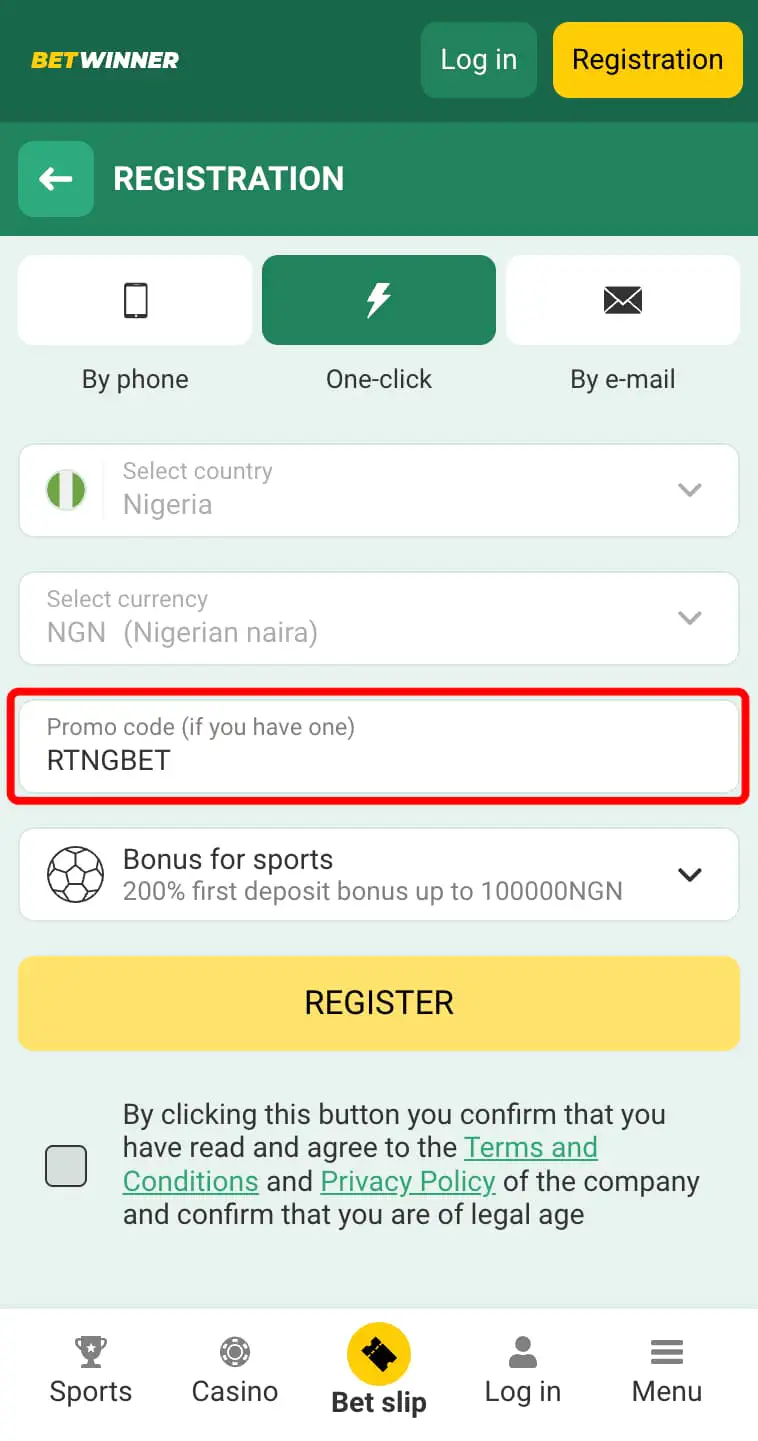 Register at BetWinner with a promo code