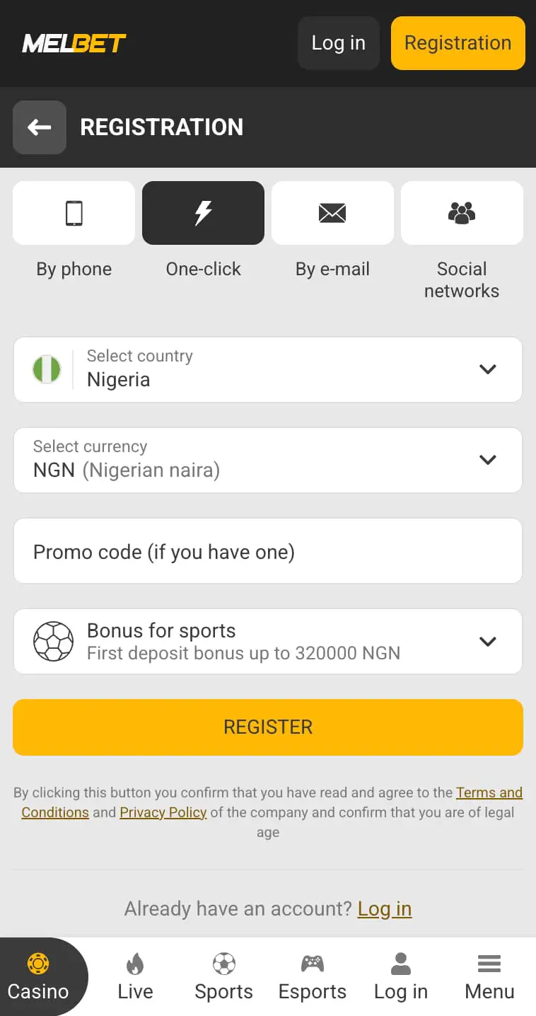 one-click signup in Melbet