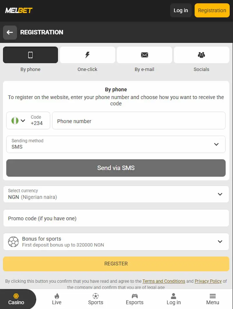 Melbet registration metods