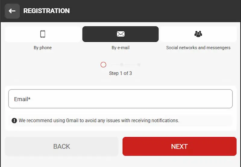 Xparibet registration by e-mail