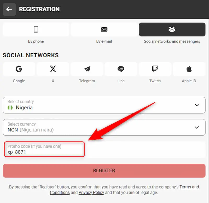 Field for entering the Xparibet promo code