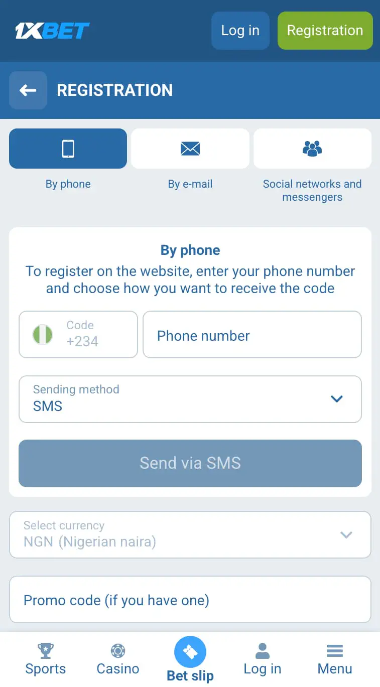 Registering on 1xBet