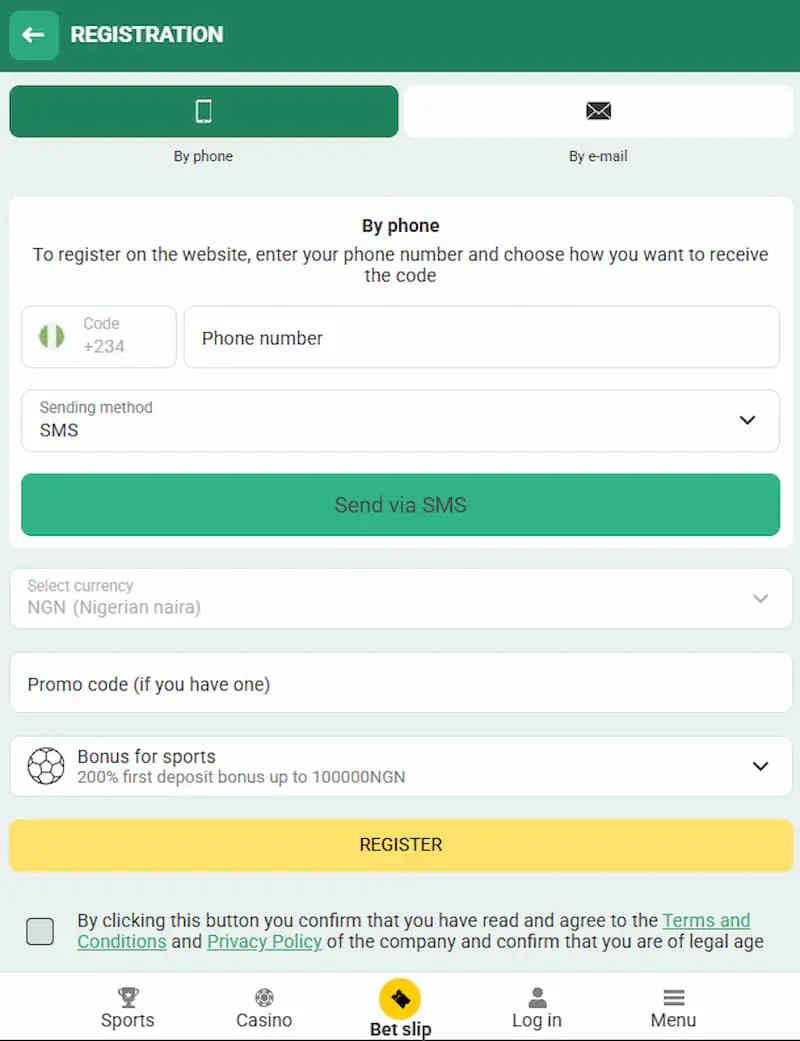 Betwinner registration form