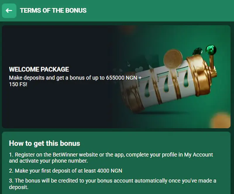 Betwinner Casino bonus for new players