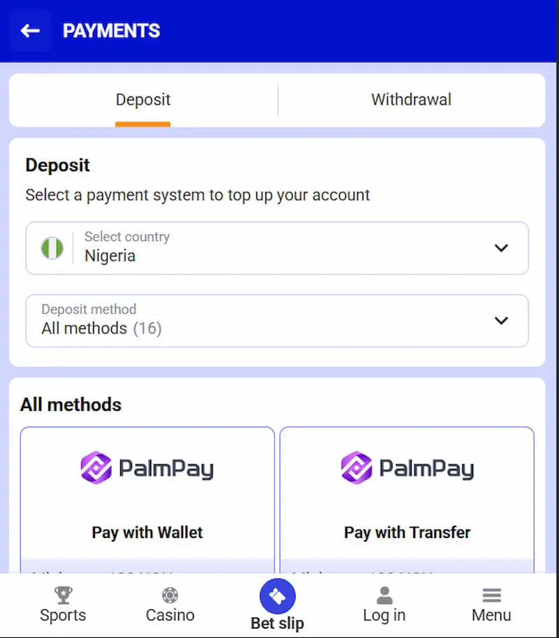 Paripesa Nigeria payment metods