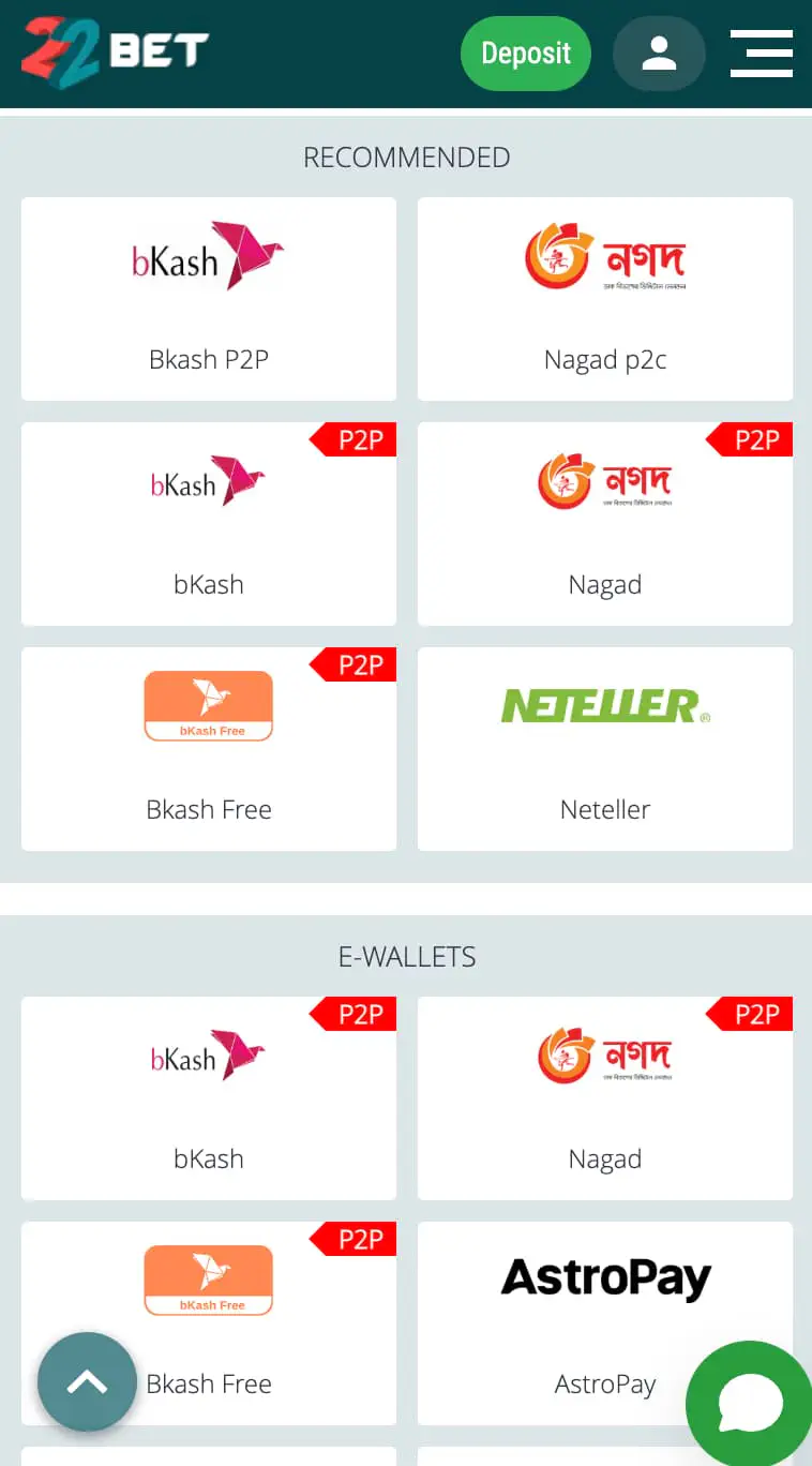 deposit on 22bet